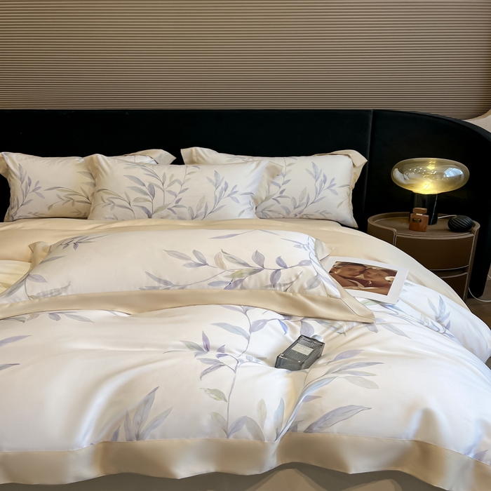 91家纺网 家纺一手货源 找家纺 2025春夏新款简奢款嵌绳莱赛尔数码印花四件套单夏被床笠床单款 春晓雨梦