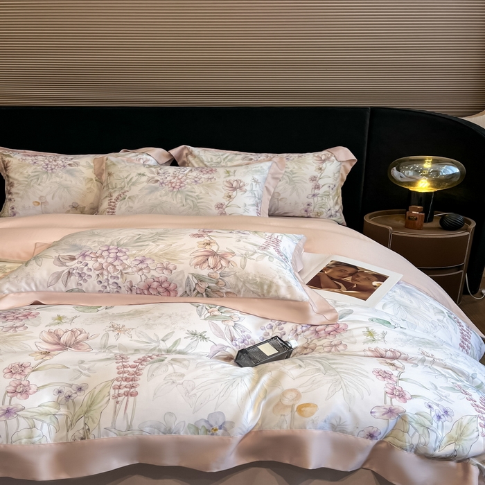 91家纺网 家纺一手货源 找家纺 2025春夏新款简奢款嵌绳莱赛尔数码印花四件套单夏被床笠床单款 繁华枝恋 