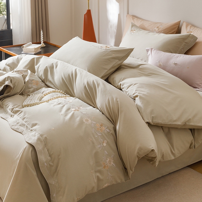 91家纺网 家纺一手货源 找家纺 艾莱家纺 2025新款A类水洗棉加厚绣花四件套-栀夏 栀夏-暮光绿