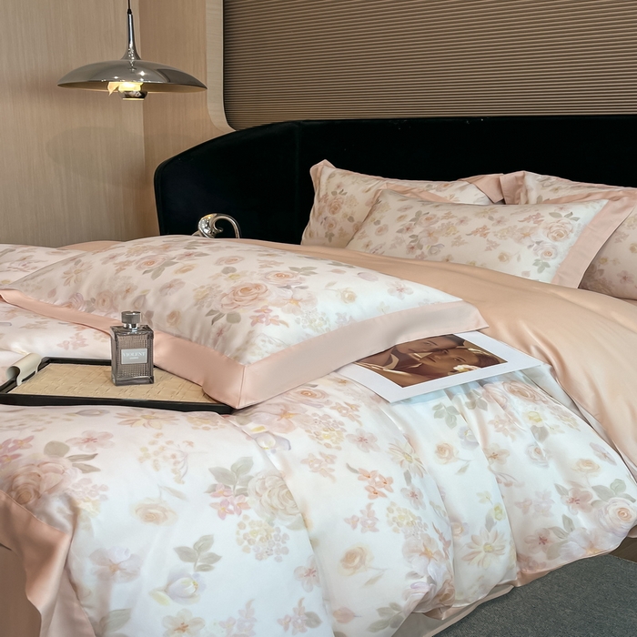91家纺网 家纺一手货源 找家纺 2025春夏新款简奢款嵌绳莱赛尔数码印花四件套单夏被床笠床单款 念池-粉 