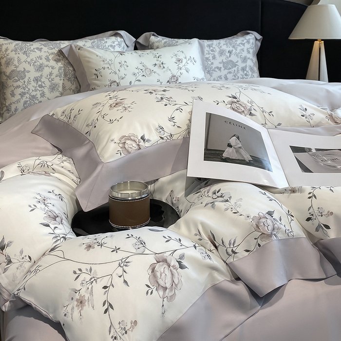 91家纺网 家纺一手货源 找家纺 2025春夏新款简奢款嵌绳莱赛尔数码印花四件套单夏被床笠床单款 情依