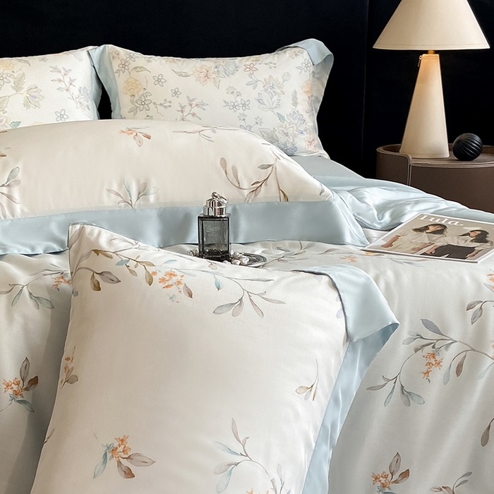 91家纺网 家纺一手货源 找家纺 2025春夏新款简奢款嵌绳莱赛尔数码印花夏被四件套单夏被床笠床单款 清雅 