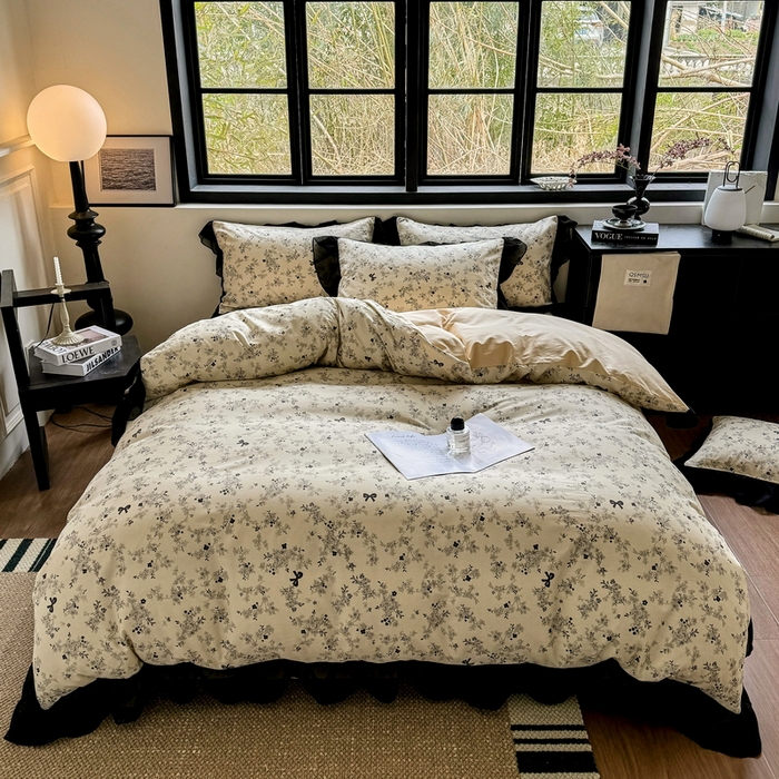 91家纺网 家纺一手货源 找家纺 宅家居 2025新款爆款轻法式赫本风复古印花13372纯棉四件套韩式黑色花边40支全棉三件套 蝴蝶结