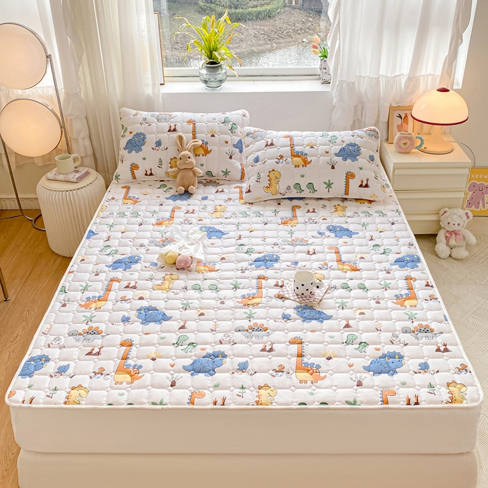 91家纺网 家纺一手货源 找家纺 鸣升家纺 2025新款全棉印花床垫 恐龙仔仔