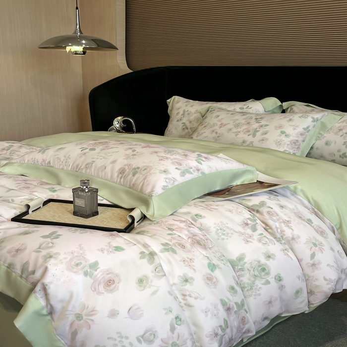 91家纺网 家纺一手货源 找家纺 2025春夏新款简奢款嵌绳莱赛尔数码印花四件套单夏被床笠床单款 念池-绿