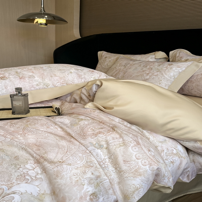 91家纺网 家纺一手货源 找家纺 2025春夏新款简奢款嵌绳莱赛尔数码印花四件套单夏被床笠床单款 春旭恋曲