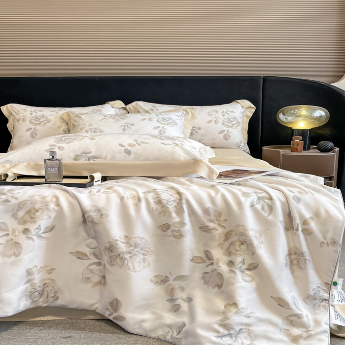 91家纺网 家纺一手货源 找家纺 2025春夏新款简奢款嵌绳莱赛尔数码印花夏被四件套单夏被床笠床单款 蔓艺