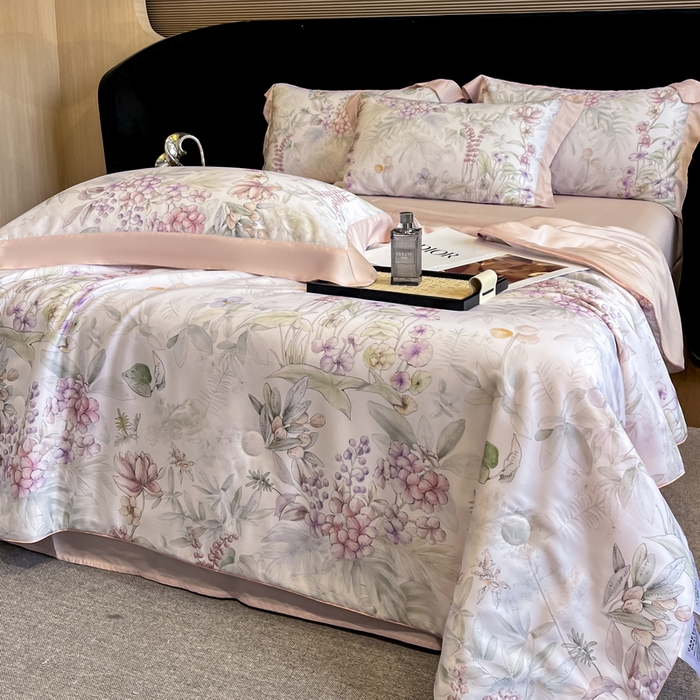 91家纺网 家纺一手货源 找家纺 2025春夏新款简奢款嵌绳莱赛尔数码印花夏被四件套单夏被床笠床单款 繁花枝恋
