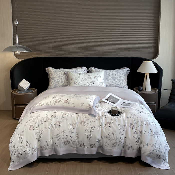 91家纺网 家纺一手货源 找家纺 2025春夏新款简奢款嵌绳莱赛尔数码印花四件套单夏被床笠床单款 情依