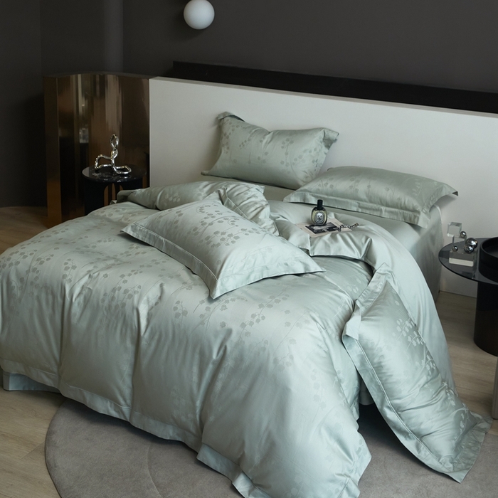 91家纺网 家纺一手货源 找家纺 淳绵家居 2025新款50*50S长绒棉贡缎提花手工立体埋绳工艺四件套（礼盒包装）曼丽（苹果绿）