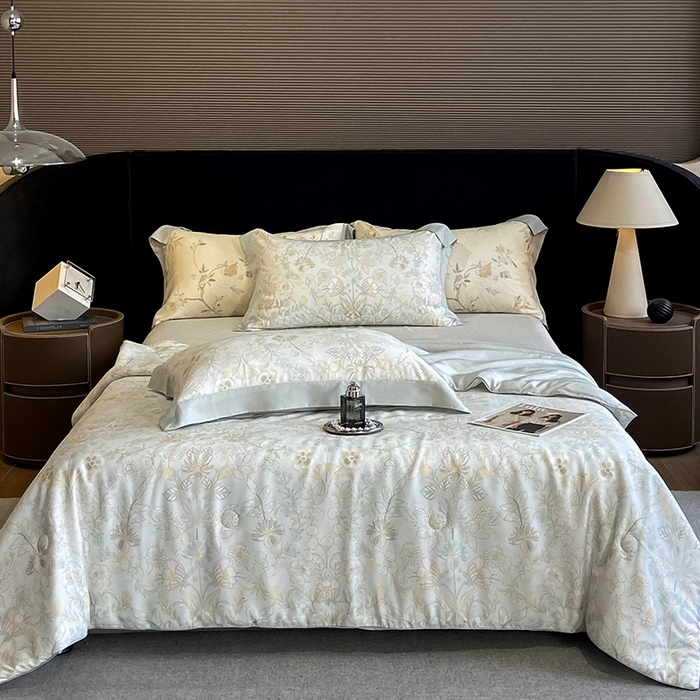 91家纺网 家纺一手货源 找家纺 2025春夏新款简奢款嵌绳莱赛尔数码印花夏被四件套单夏被床笠床单款 素瑾 绿