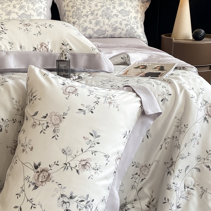 91家纺网 家纺一手货源 找家纺 2025春夏新款简奢款嵌绳莱赛尔数码印花夏被四件套单夏被床笠床单款 情依