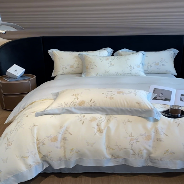 91家纺网 家纺一手货源 找家纺 2025春夏新款简奢款嵌绳莱赛尔数码印花四件套单夏被床笠床单款 清雅 