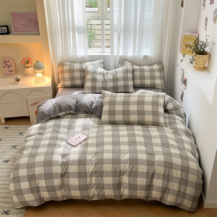 91家纺网 家纺一手货源 找家纺 盛秋家纺 2025新款亲肤格子水洗棉条纹格子四件套【简约风】罗格+中灰
