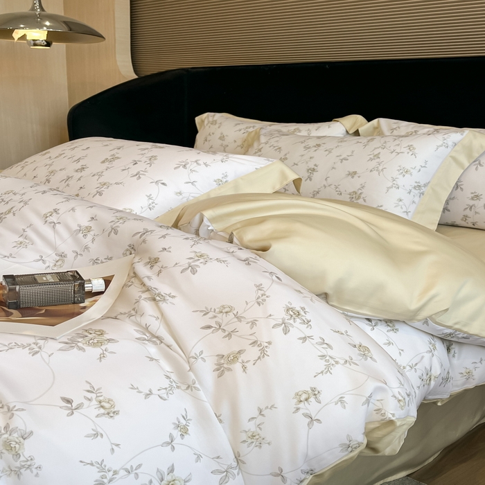 91家纺网 家纺一手货源 找家纺 2025春夏新款简奢款嵌绳莱赛尔数码印花四件套单夏被床笠床单款 云芷