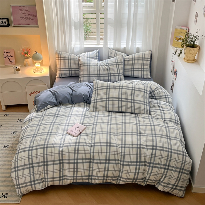 91家纺网 家纺一手货源 找家纺 盛秋家纺 2025新款亲肤格子水洗棉条纹格子四件套【简约风】蓝调+海清