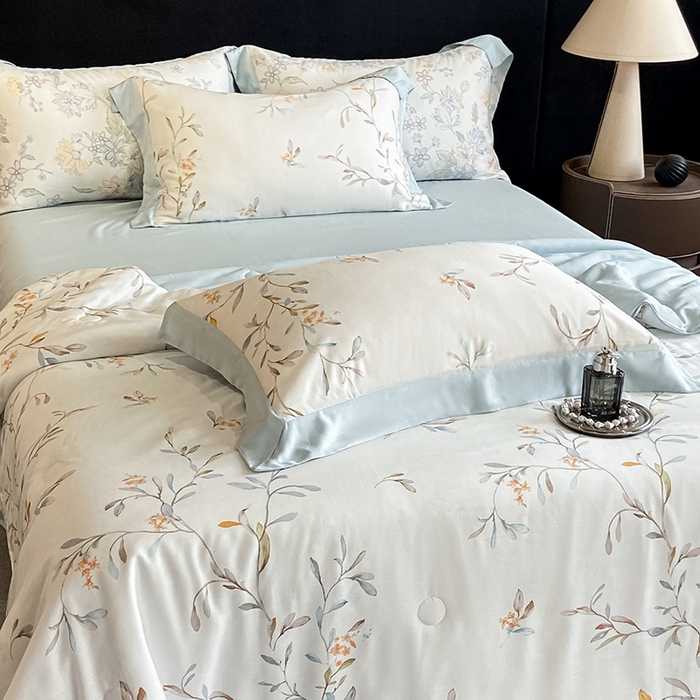 91家纺网 家纺一手货源 找家纺 2025春夏新款简奢款嵌绳莱赛尔数码印花夏被四件套单夏被床笠床单款 清雅 