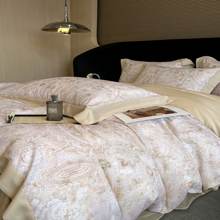 91家纺网 家纺一手货源 找家纺 2025春夏新款简奢款嵌绳莱赛尔数码印花四件套单夏被床笠床单款 春旭恋曲