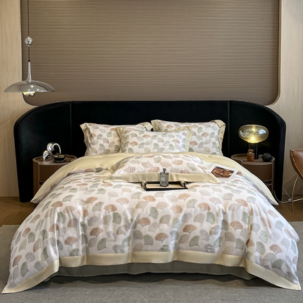 2025春夏新款简奢款嵌绳莱赛尔数码印花四件套单夏被床笠床单款 林间蜜杏