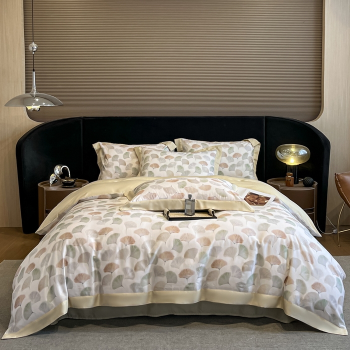 91家纺网 家纺一手货源 找家纺 2025春夏新款简奢款嵌绳莱赛尔数码印花四件套单夏被床笠床单款 林间蜜杏