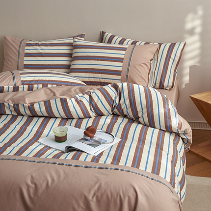 安莱生活 2025新款全棉日式侘寂风条格系列四件套 咖时