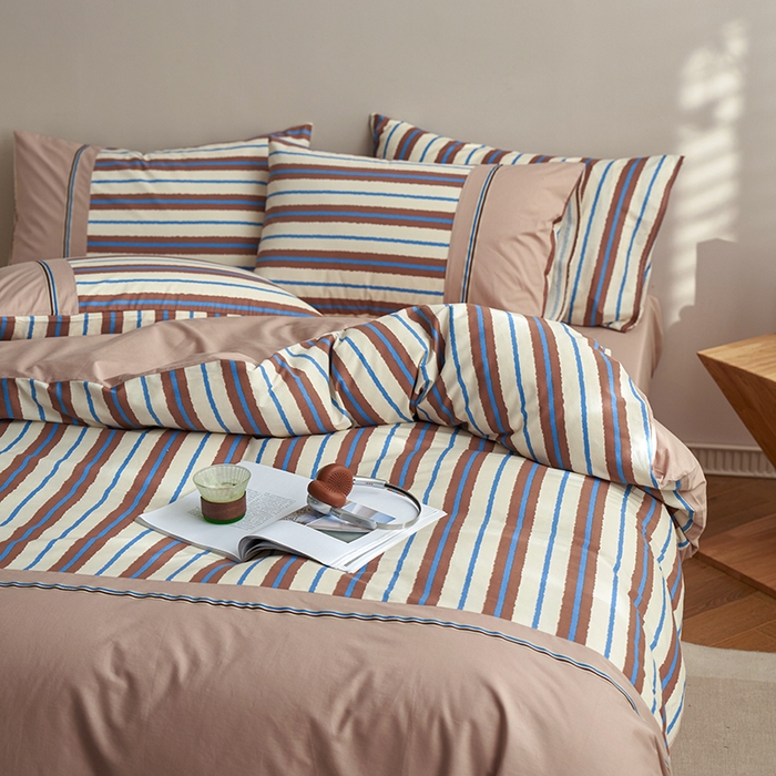 91家纺网 家纺一手货源 找家纺 安莱生活 2025新款全棉日式侘寂风条格系列四件套 咖时