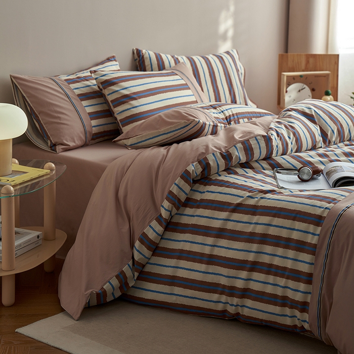 91家纺网 家纺一手货源 找家纺 安莱生活 2025新款全棉日式侘寂风条格系列四件套 咖时