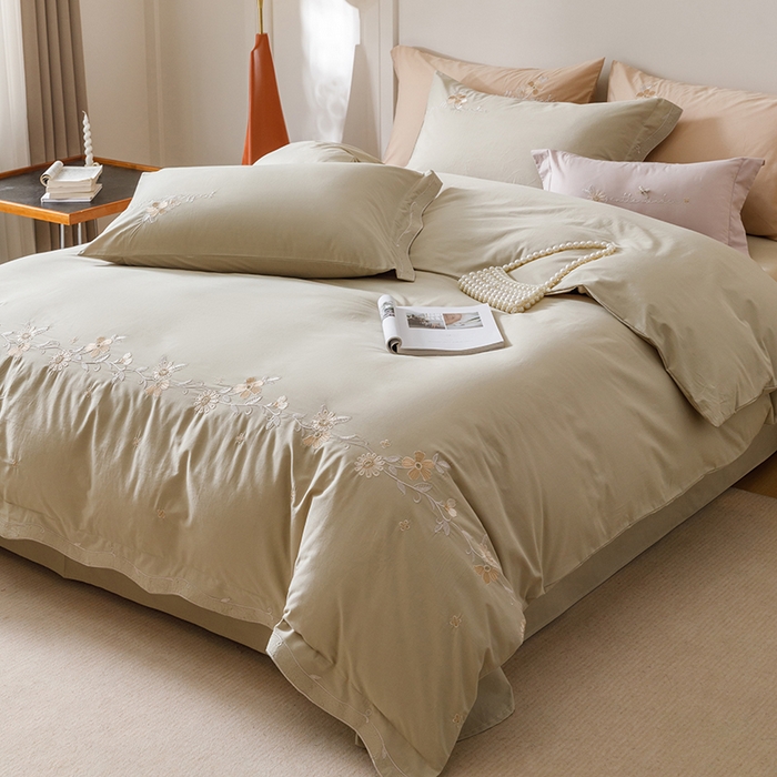 91家纺网 家纺一手货源 找家纺 艾莱家纺 2025新款A类水洗棉加厚绣花四件套-栀夏 栀夏-暮光绿