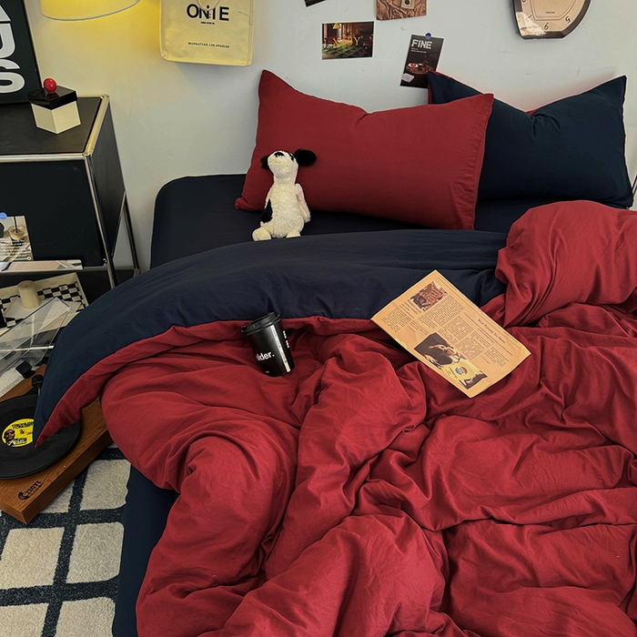 91家纺网 家纺一手货源 找家纺 耀达家居 2025新款纯色A类水洗棉双拼四件套 安可拉红藏蓝