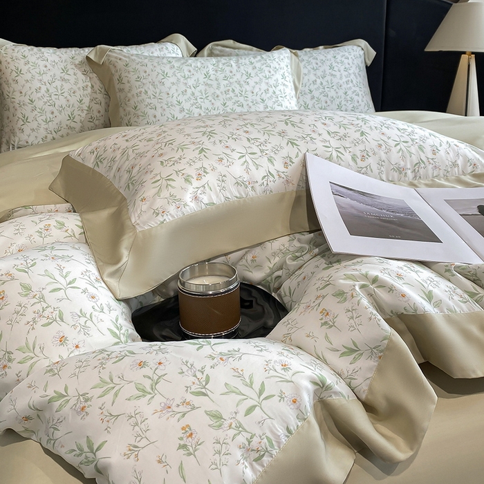 91家纺网 家纺一手货源 找家纺 2025春夏新款简奢款嵌绳莱赛尔数码印花四件套单夏被床笠床单款 漫语佳人 米