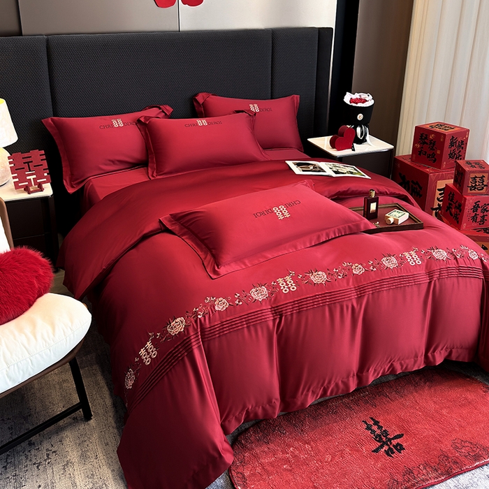 91家纺网 家纺一手货源 找家纺 （总）奥汀洛家纺  2025新款亲肤棉高精密刺绣婚庆四件套-花田喜事