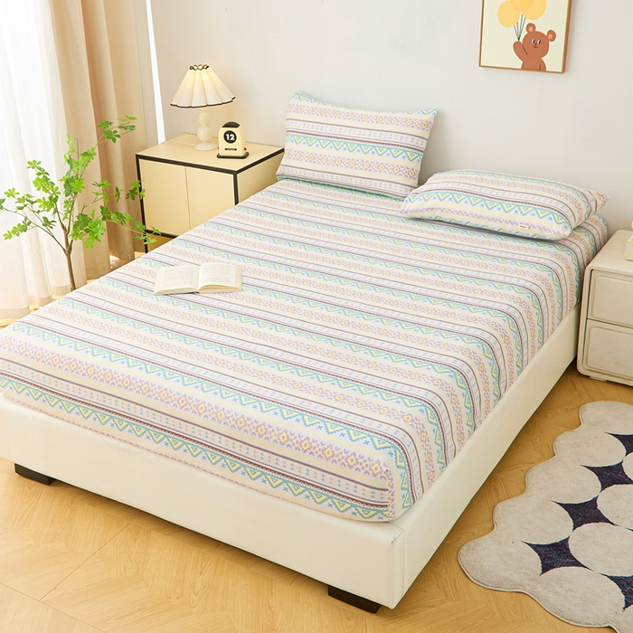 91家纺网 家纺一手货源 找家纺 首爱家纺 2025新款锦柔老粗布印花床笠 条雅恋