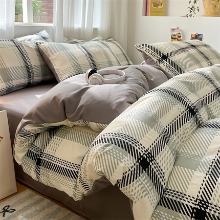 盛秋家纺 2025新款亲肤格子水洗棉条纹格子四件套【简约风】格瑞斯+中灰