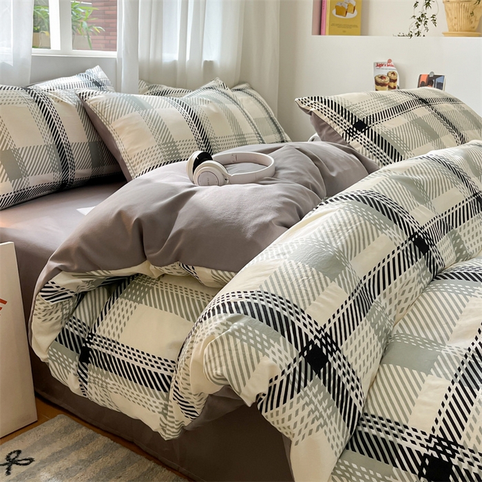 91家纺网 家纺一手货源 找家纺 盛秋家纺 2025新款亲肤格子水洗棉条纹格子四件套【简约风】格瑞斯+中灰