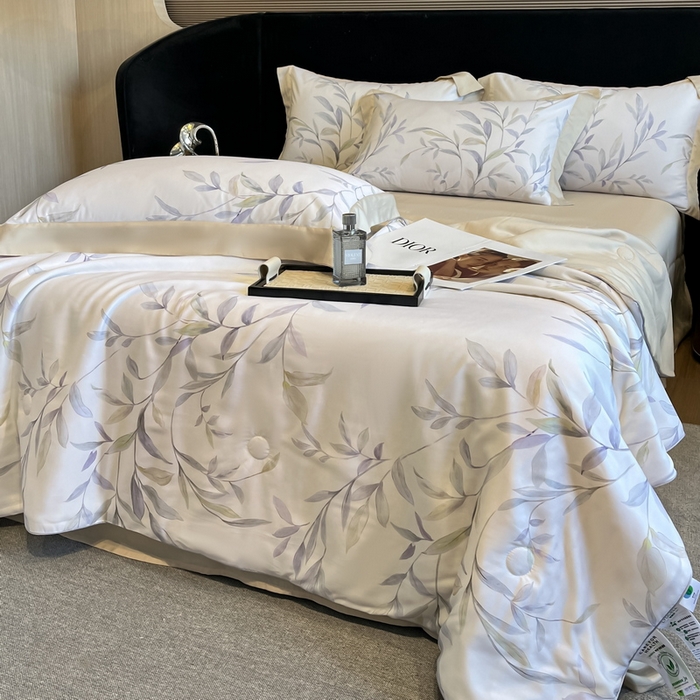 91家纺网 家纺一手货源 找家纺 2025春夏新款简奢款嵌绳莱赛尔数码印花夏被四件套单夏被床笠床单款 春晓雨梦