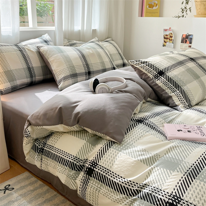 91家纺网 家纺一手货源 找家纺 盛秋家纺 2025新款亲肤格子水洗棉条纹格子四件套【简约风】格瑞斯+中灰