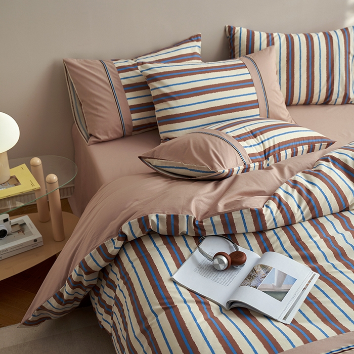 91家纺网 家纺一手货源 找家纺 安莱生活 2025新款全棉日式侘寂风条格系列四件套 咖时