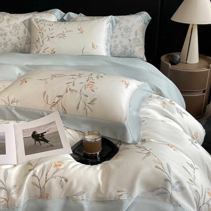 91家纺网 家纺一手货源 找家纺 2025春夏新款简奢款嵌绳莱赛尔数码印花四件套单夏被床笠床单款 清雅 