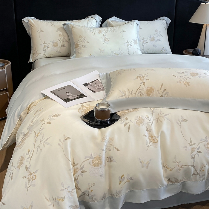 91家纺网 家纺一手货源 找家纺 2025春夏新款简奢款嵌绳莱赛尔数码印花四件套单夏被床笠床单款 妍艺 黄