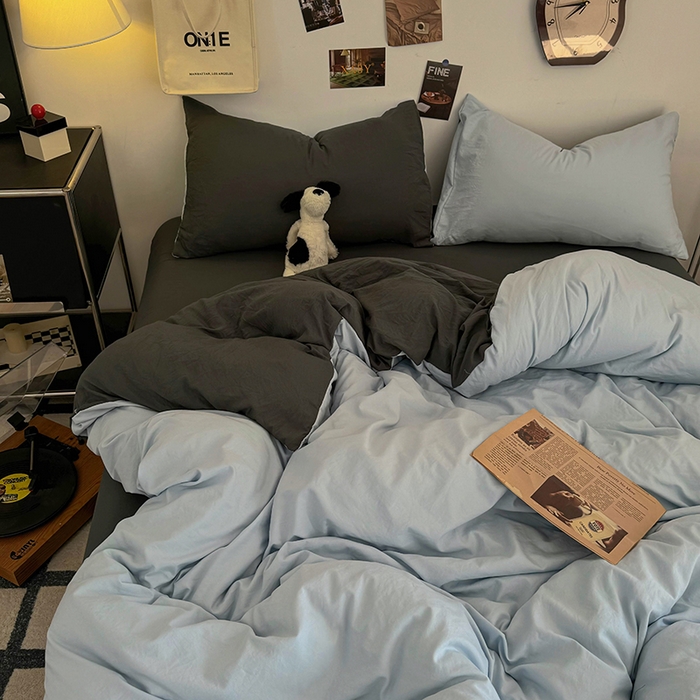 91家纺网 家纺一手货源 找家纺 耀达家居 2025新款纯色A类水洗棉双拼四件套 海盐蓝灰