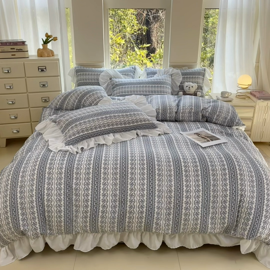 91家纺网 家纺一手货源 找家纺 （总）慕希2025新款有氧针织棉双层纱韩版提花大花边公主风印花四件套