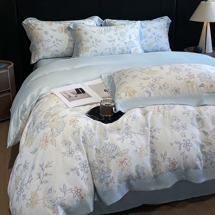 91家纺网 家纺一手货源 找家纺 （总）2025春夏新款简奢款嵌绳莱赛尔数码印花四件套单夏被床笠床单款