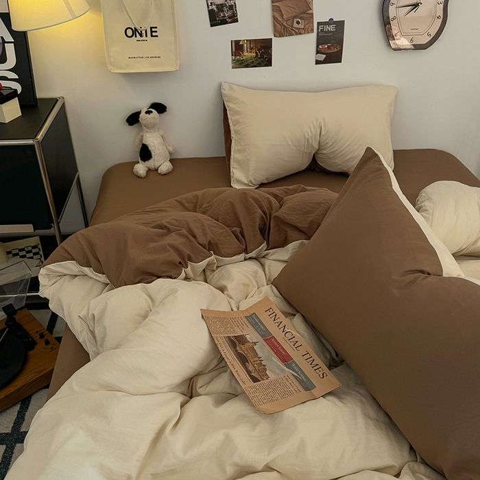 91家纺网 家纺一手货源 找家纺 耀达家居 2025新款纯色A类水洗棉双拼四件套 燕麦可可