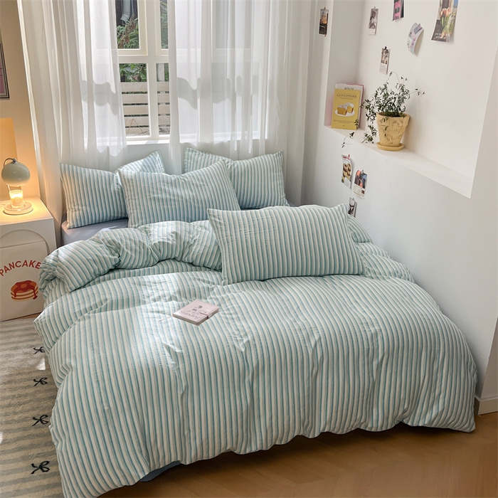 91家纺网 家纺一手货源 找家纺 盛秋家纺 2025新款亲肤格子水洗棉条纹格子四件套【简约风】莫拉绿+海清