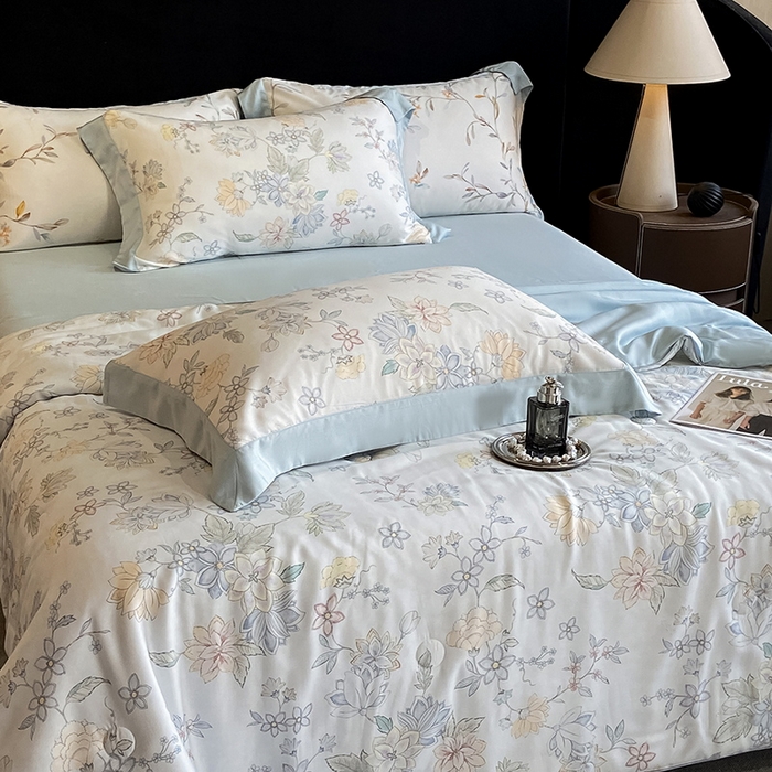 91家纺网 家纺一手货源 找家纺 2025春夏新款简奢款嵌绳莱赛尔数码印花夏被四件套单夏被床笠床单款 春日蜜糖 兰 