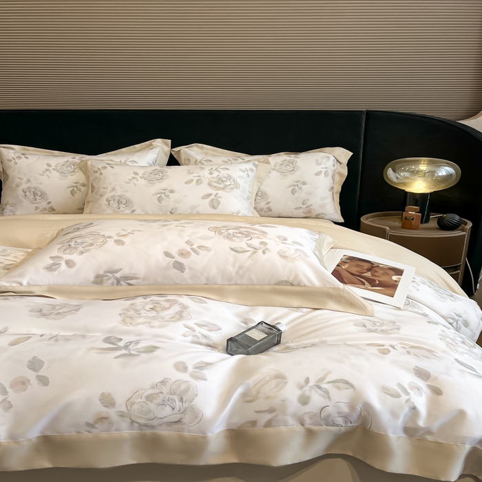 91家纺网 家纺一手货源 找家纺 2025春夏新款简奢款嵌绳莱赛尔数码印花四件套单夏被床笠床单款 蔓艺 