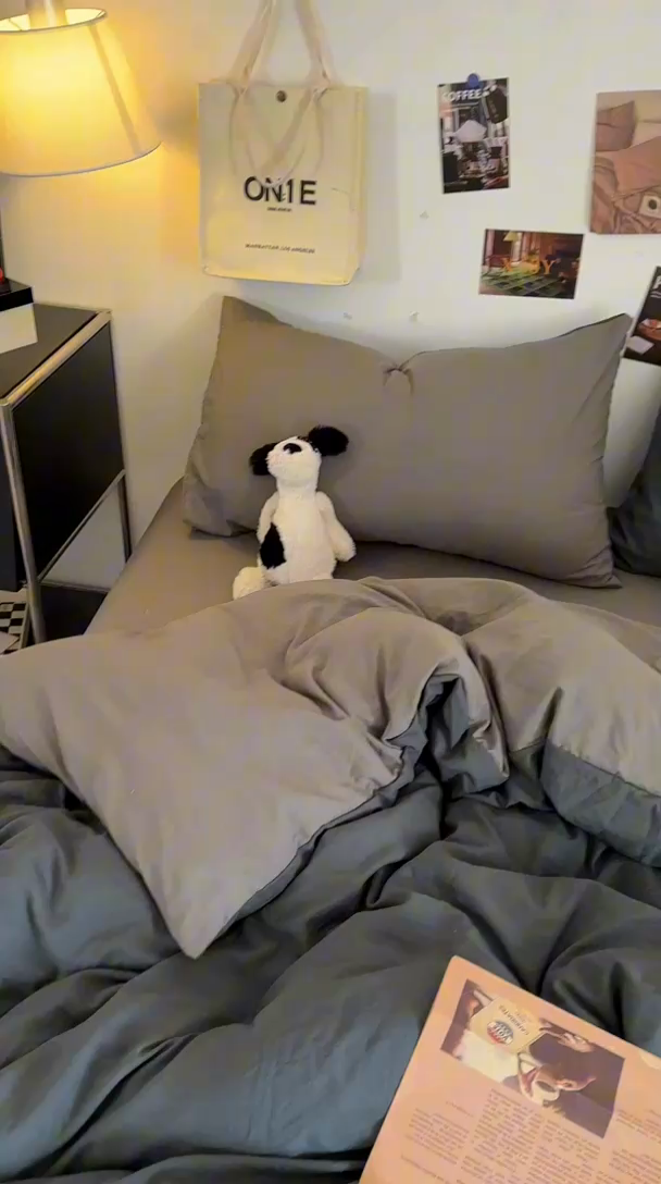 91家纺网 家纺一手货源 找家纺 耀达家居 2025新款纯色A类水洗棉双拼四件套 经典灰