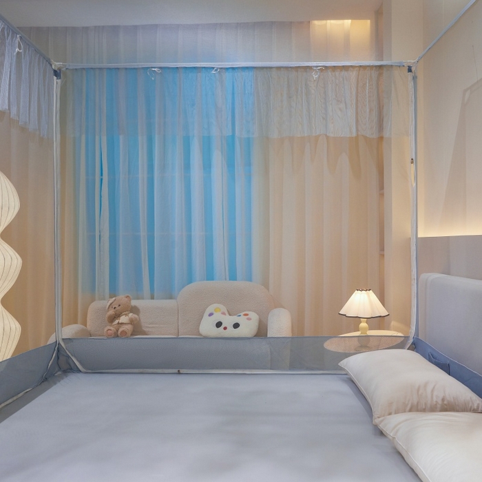 91家纺网 家纺一手货源 找家纺 卓尔居2025新款A类防蚊绗绣编织防摔坐床蚊帐 夏至-浅蓝