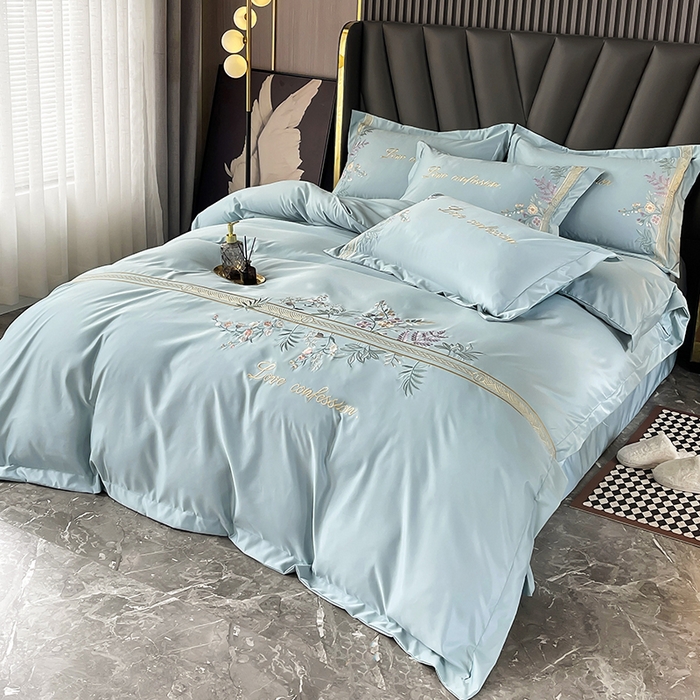 91家纺网 家纺一手货源 找家纺 2025春夏新款轻奢刺绣贡缎冰丝天丝棉四件套-华尔兹系列 华尔兹-梵星绿