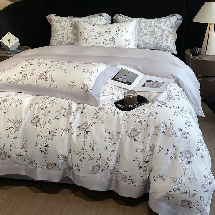 91家纺网 家纺一手货源 找家纺 2025春夏新款简奢款嵌绳莱赛尔数码印花四件套单夏被床笠床单款 情依